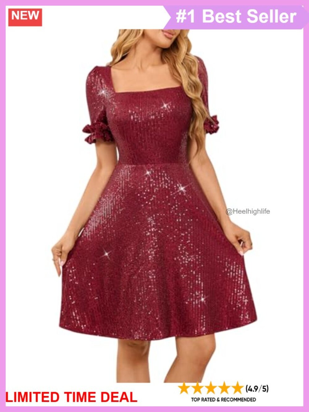 Sequin Puff Sleeve Square Neck A-Line Short Party Dress Cocktail Homecoming